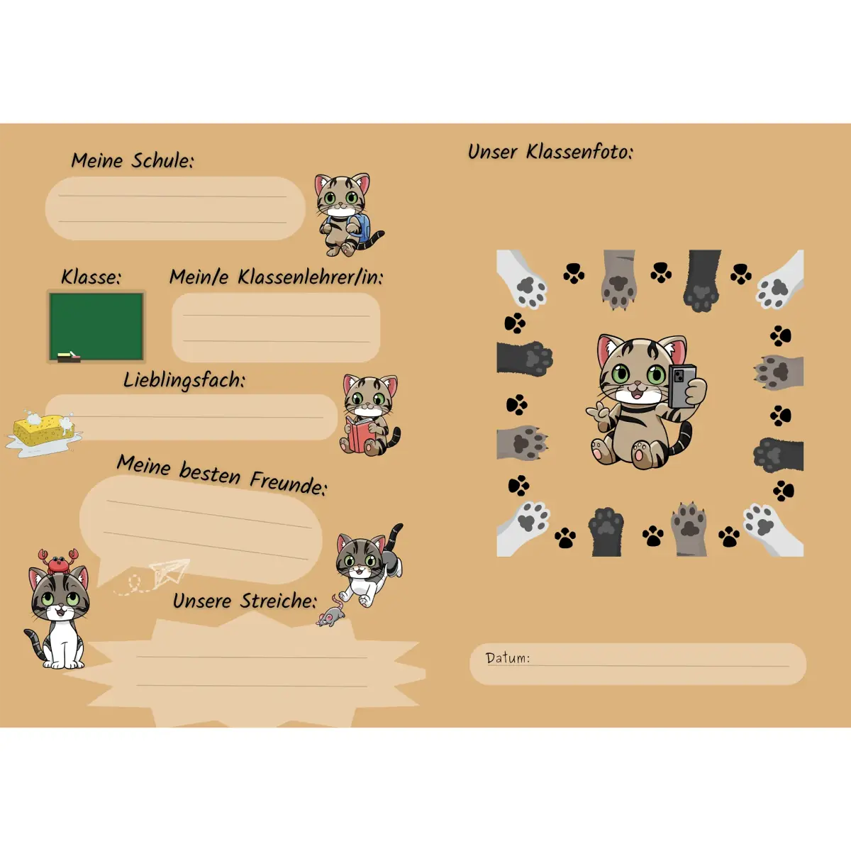 Farbenfrohe Seiten mit Katzenmotiven im Freundebuch