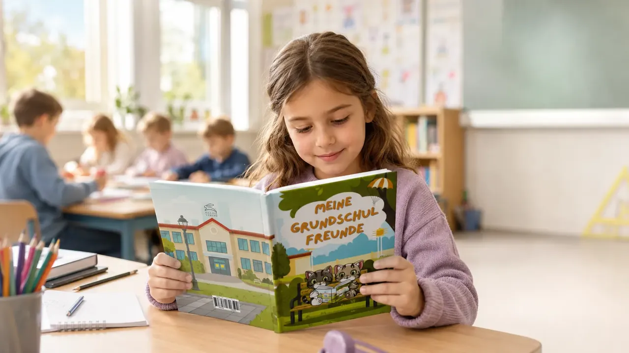 Schulkind sitzt am Pult und blättert lächelnd im Freundebuch „Meine Grundschulfreunde – Katzen Edition“, im unscharfen Hintergrund die Klasse im Unterricht