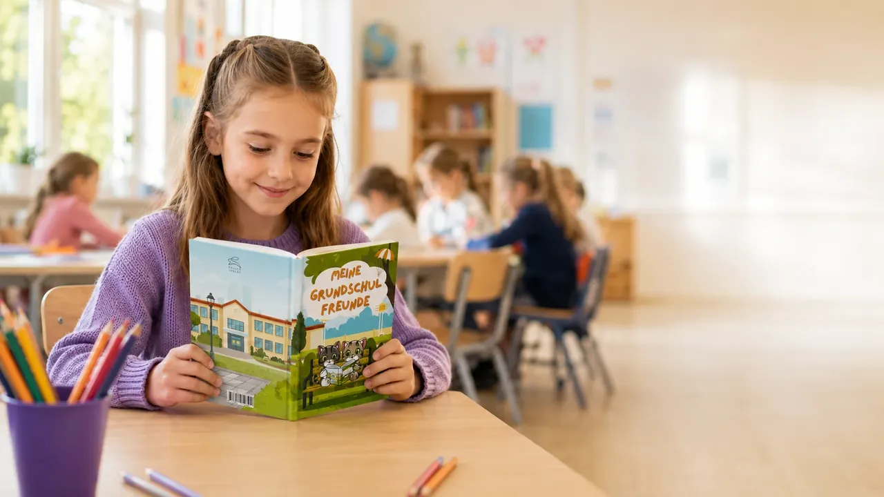 Grundschulmädchen liest am Schultisch im Freundebuch „Meine Grundschulfreunde – Katzen Edition“ vom Haasen Verlag, im Hintergrund Mitschülerinnen und Mitschüler im hellen Klassenzimmer